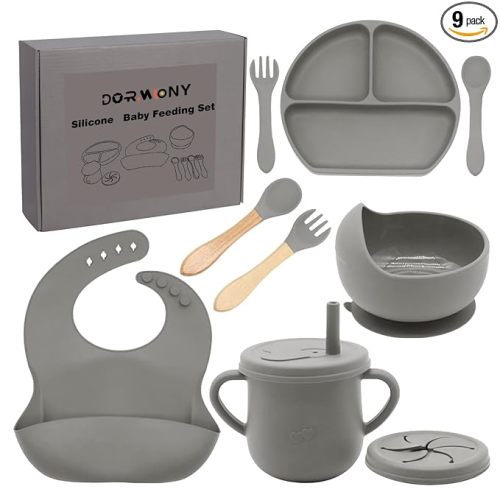 100% Silicone baby feeding set,BPA free Baby dishes set with Suction Bowl Divided Plate,Toddler Self Feeding Dish Set with Spoons Forks Sippy Cup And Bib, Baby Eating Utensils (Grey)