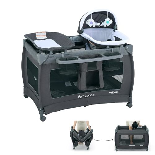 Pamo Babe 1 Step Setup 4-in-1 Playard for Babies - Portable Crib with Changing Table, Locking Wheels, Breathable Mesh
