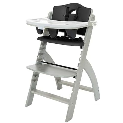 Abiie Beyond Junior Wooden High Chair for Babies and Toddlers - Convertible 3-in-1 Baby Highchair with Removable Tray - 6 Months to 250 Lb - Water Resistant - Misty Grey Wood/Black Pearl Cushion
