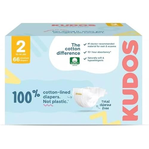 Kudos Chlorine Free Premium Diapers, 100% Cotton-Lined - Size 2-6-16 lbs - 66 Count