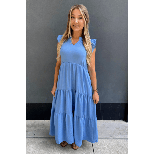 BACKORDER Tiered Nursing Midi Dress With Ruffle Sleeves - Blue – Nursing Queen