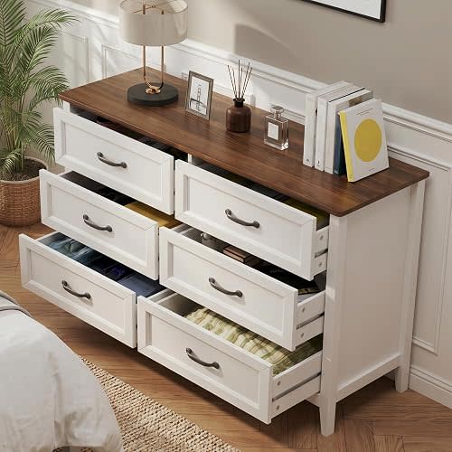 Gizoon 47.2" W Dresser for Bedroom, 6 Chest of Drawers, Modern Drawer Dresser, Wood TV Stand for Living Room, with Smooth Rail, Metal Handles, Anti-tip, Hallway, Retro