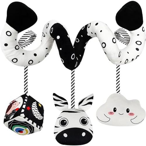 Car Seat Toys for Babies 0-6 Months,Hanging Rattle Toys for Crib Mobile, Baby Spiral Hanging Stroller Black and White High Contrast Toys for Newborn 0 3 6 9 12 Months Baby Boys Girls (Zebra)