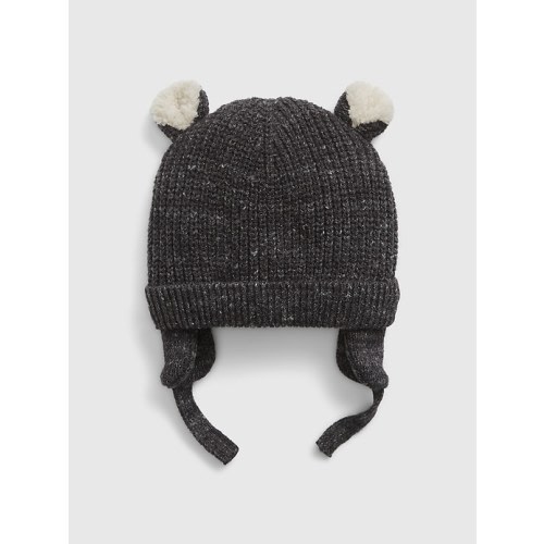 Baby Sherpa-Lined Bear Beanie in charcoal heather grey