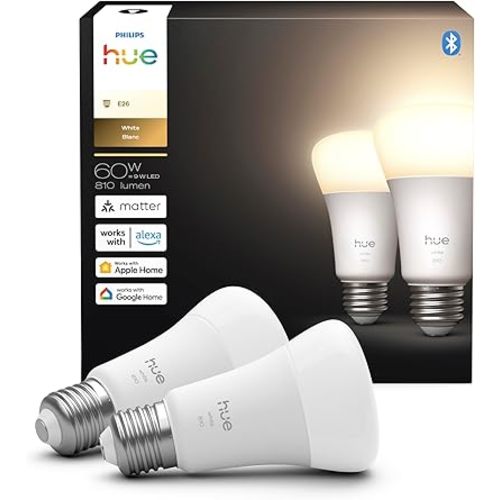 Philips Hue Smart LED A19 Bulb, Warm White Light 2700K, E26 Base, 9W, 810 Lumens, Dimmable, Works with Alexa, Google Assistant, and Apple Home, 2pk