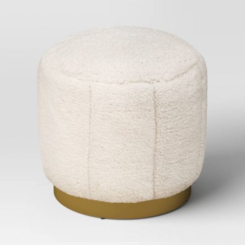 Galena Channel Tufted Shearling Brass Ottoman Cream - Threshold™: Round Pouf, No Assembly, Metal Base