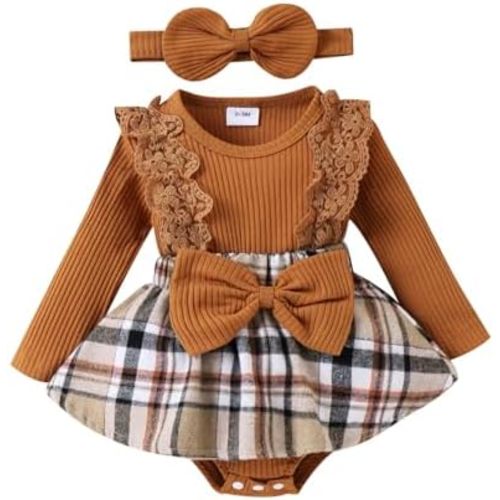 Baby Girl Clothes Fall Winter Outfit Plaid Romper Long Sleeve Dress Lace Ruffles Bodysuit with Bow Headband