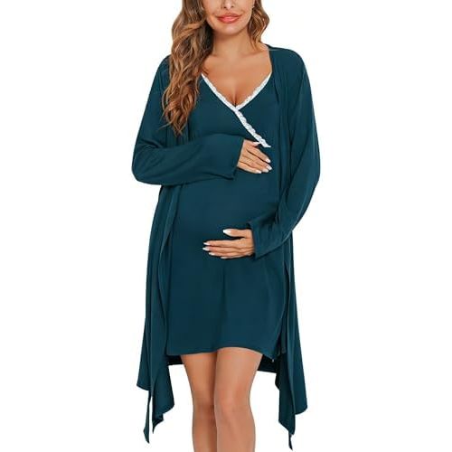 SWOMOG Womens Maternity Robe 2 Piece Nursing Nightgown for Breastfeeding 3 in 1 Labor Delivery Nursing Dress Lace Bathrobe