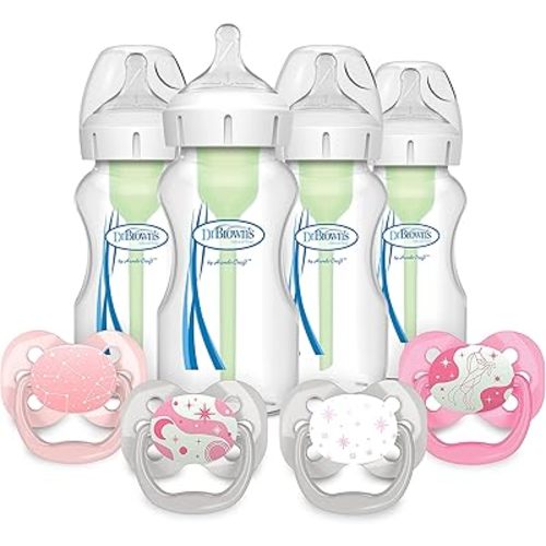 Dr. Brown’s Natural Flow® Anti-Colic Options+™ Wide-Neck Baby Bottle, 9 oz/270 mL, Level 1 Nipple, 4-Pack, 0m+ with Advantage Symmetrical Pacifier with Air Flow, Pink 4-Pack, 0-6m