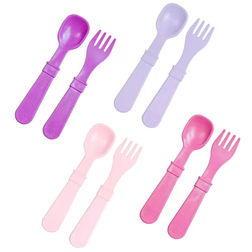 Re-Play Toddler Forks and Spoons Set - 4x4 Children's Utensils Set - Dishwasher and Microwave Safe - Made in USA - Set of 8 - Pixel Blush