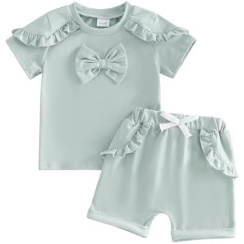 Bagilaanoe Toddler Baby Girl Short Sleeve T-Shirt and Shorts Set Ruffle Solid Color Clothes Summer 2PCS Outfit