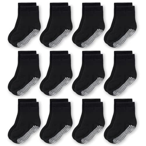 CozyWay Baby & Toddler Socks With Grippers Non Slip Crew Grip Socks for Girls and Boys Soft Comfy Cotton - 12 Pack