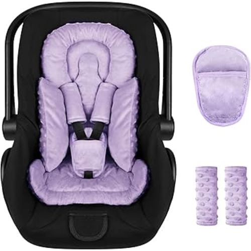 Infant Car Seat Insert Boy Girl, 3 in 1 Newborn Carseat Insert with Strap Pads, Car Seat Head Support for Baby Strollers, Swings, and Bouncers, Comfortable and Machine Washable, Purple