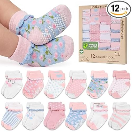 GOTS Certified Organic Cotton Rich Blend Baby Socks 12 Pairs For 0 - 6 (M) Baby Girl Soft, Stretchable & Comfortable Girl newborn Socks, Adorable Sock Shoes For Baby Girl, Gift For Little, Pink