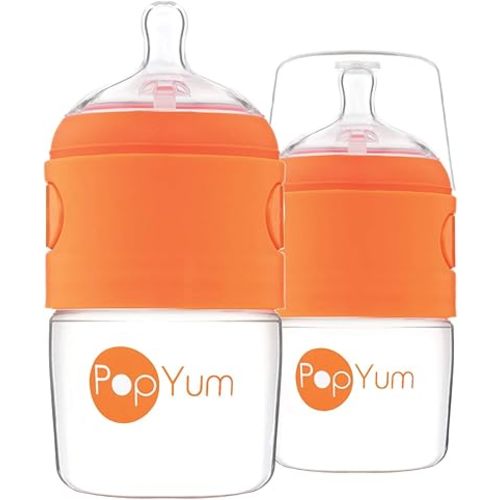 PopYum 5 oz Orange Anti-Colic Formula Making/Mixing/Dispenser Baby Bottles, 2-Pack with #1 Slow Flow Nipples, 150 ml, BPA-Free, Natural Latch