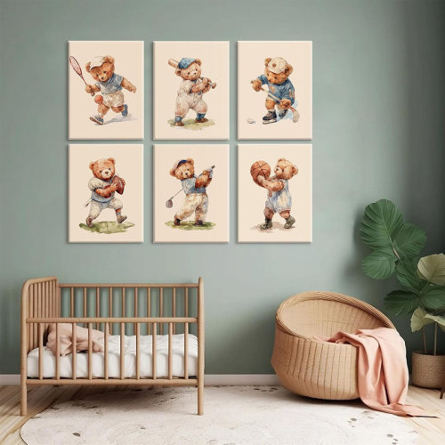 Trinx Nursery Bear Wall Art Boy Sports Canvas Wall Decor Baby Nursery Prints Vintage Teddy Bear Poster Boy Room Wall Art Kids Animal Pictures Painting For Bedroom Playroom 8X10x6 Inch Ready To Hang | Wayfair