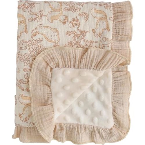 Ruffle Baby Blanket – Muslin Cotton Front with Dotted Fleece Backing, Soft Breathable Lightweight Minky Receiving Blankets for Baby Boy & Girl Newborn Toddler, 33"x43" (Forest, 33''x43'')