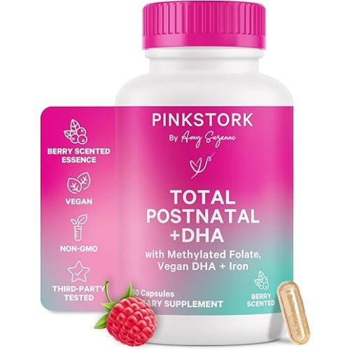 Pink Stork Total Postnatal Vitamins for Women with Vegan DHA, Iron, Folate, and Vitamin B12, Postpartum Recovery Essentials, Daily Supplement for Breastfeeding Moms - 1 Month Supply