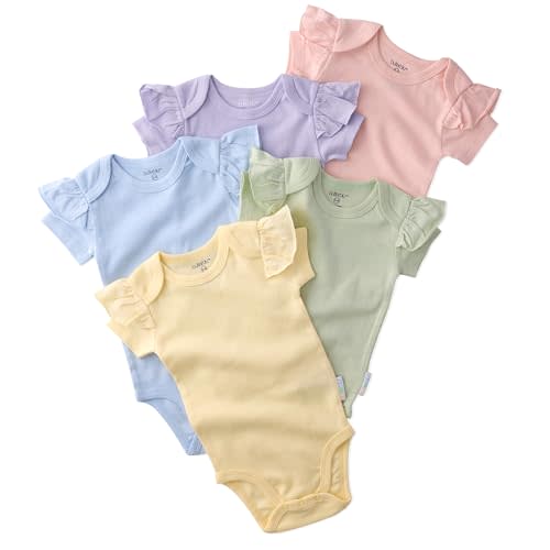 Butterblu baby-girls Rory 5-pack Short Sleeve Ruffle Shoulder Bodysuits 100% Organic Cotton for Baby Girls