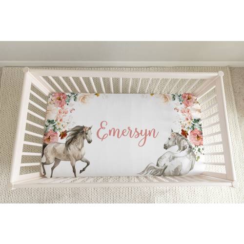 Floral Horse Crib Sheet for Baby Girl Horse Nursery- Custom Horse Baby Bedding - Custom Western Crib Sheet - Baby Girl Horse Shower Gift 355