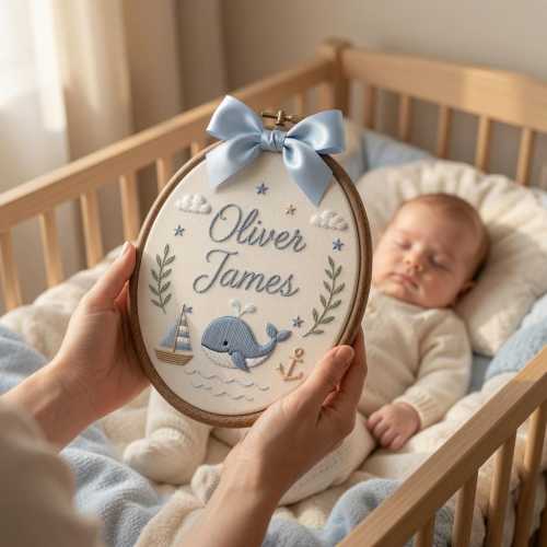 Custom Baby Name Hoop Decor, Personalized Whale Nursery Sign With Sailboat, Ocean Embroidery Style Wall Art, Fabric Bow Keepsake