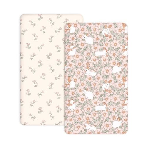 Pack N Play Sheets 2 Pack, 27"x39" Fitted Mini Crib Sheets Baby Boys Girls | Fit for Pack N Play and Mini Crib Mattresses, Stretch Jersey Knit, Snug Fitted Edge, Machine Washable (Bunny Garden)