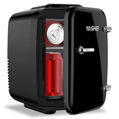 YASHE 4L Mini Fridge, 6-Can Thermoelectric Cooler & Warmer, 110V AC/12V DC, for Skincare, Bedroom, Office, Dorm, Car, Black