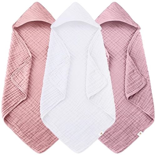 Sunny zzzZZ Muslin Hooded Baby Bath Towels - 3 Pack 100% Cotton Soft Low-Saturation Pastel Towels Including Classic White for Newborns, Infants, Toddlers - 32x32 Inch - Light Sakura and White