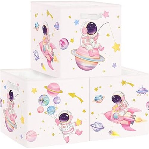 Clastyle Cosmic Space Kid Storage Cube Organizer Set Planets Stars Closet Clothes Cube Storage Bin Nursery Toddler Toy Box Chest Girl Boy Book Shelf Basket,Astronaut,11.8x11.8x11.8 in