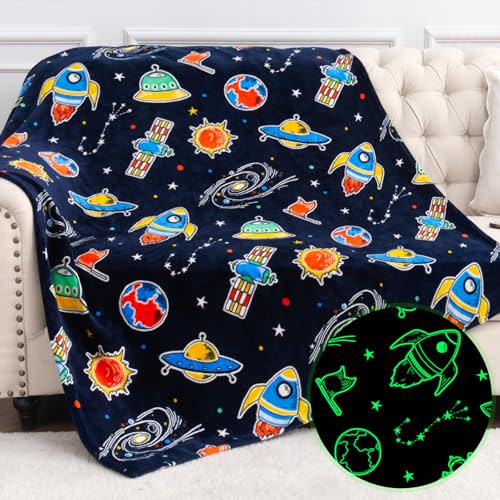 Jekeno Space Toys Gifts for Boys Girls - Glow in The Dark Galaxy Blanket Christmas Birthday Valentines Easter Present Decor for Kids Age 1-14 Year Old Teen Child Toddler Planet Spaceship Throw 50"x60"