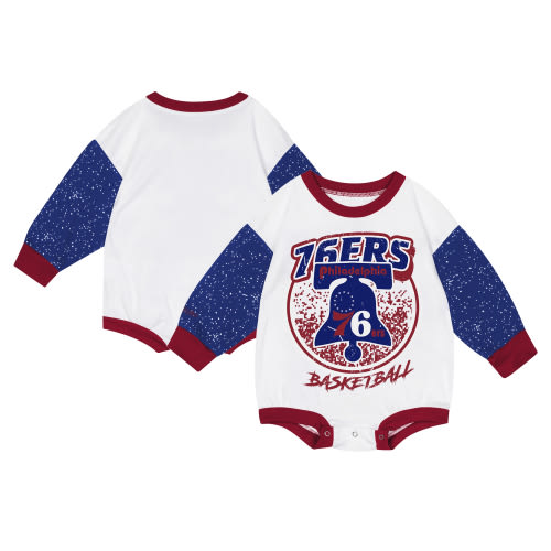 Mitchell & Ness | Infant White Philadelphia 76ers Hardwood Classics Posterboard Oversize Long Sleeve Bodysuit | Realry