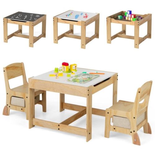 Tangkula 3-In-1 Kids Table & Chairs Set w/Reversible Whiteboard/Chalkboard Top Hidden Storage