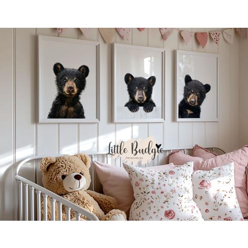 Woodland Black Bear Nursery Prints, Set of 3 (Digital Download)