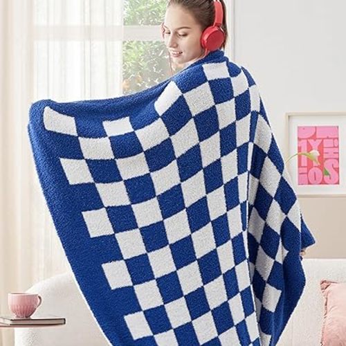 Bedsure Gentlesoft Checkered Twin Blanket for Couch - Soft Cozy & Warm Knit Navy Blue Throw Blanket, Breathable, Lightweight & Fluffy Plaid Blankets for Bed & Sofa, Gifts for Women Men, 60x80 Inches