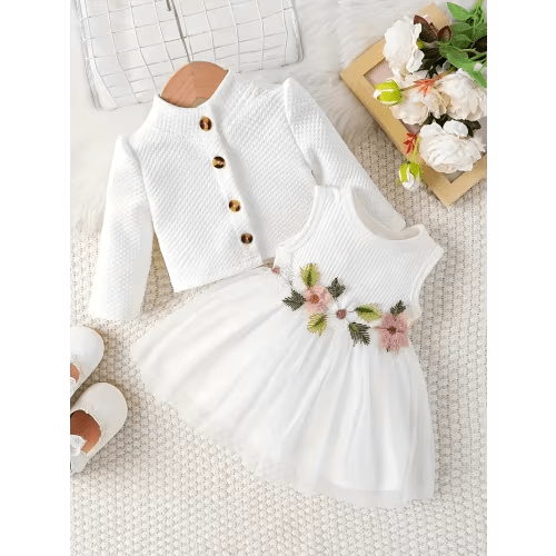 girls casual embroidered floral dress jacket skirt set - Temu