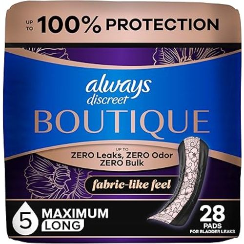 Always Discreet Boutique Adult Incontinence Bladder Leak Pads for Women, Maximum Absorbency, Long Length, Up to 100% Bladder Leak Protection, 28 Count