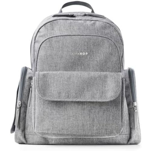 Skip Hop Diaper Bag Backpack with Portable Changing Pad, 9 Total Pockets, Easy-Access Wipes Pocket, Zippered Side Pocket, Luggage Sleeve & Stroller Straps, Fits a 15” Laptop, Luna, Heather Grey
