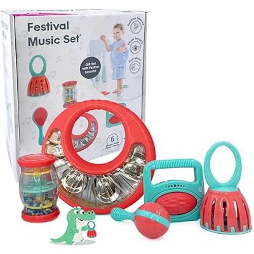 Edushape Festival Music Gift Set - Baby Musical Instruments Include Mini Rain Stick, Crackle & Roll, Bell, Tambourine, Maracas - Interactive Baby Musical Toys for Kids and Toddlers 18 Months and Up