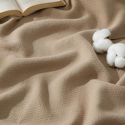Bedsure GentleSoft 100% Cotton Large Throw Blanket for Couch 50x70 inches - Cooling Breathable and Lightweight, Soft Cozy Herringbone Woven Cotton Throw for Summer, Linen Beige Office Chair Blanket