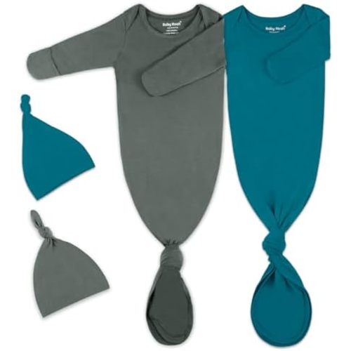 2Pk Newborn Baby Knotted Gown, Super Soft Silky Infant Long Sleeve Sleeper for Baby Sleeping with Hat or Headband (2 Packs)