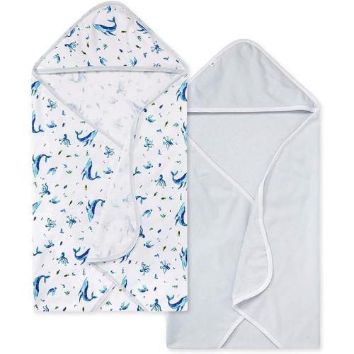 Burts Bees Baby Infant Hooded Towels Whale of a Tale Organic Cotton, Unisex Bath Essentials and Newborn Necessities, Soft Nursery Towel with Hood Set, 2-Pack Size 29 x 29 Inch