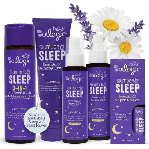 Oilogic Slumber & Sleep Bath Baby Essentials Gift Set - Includes All Over Wash, Calming Cream, Sleep Spray & Roll-On Essential Oils - Pediatrician-Tested Sleep, Comfort & Wellness Blends for Babies