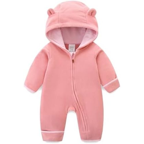 Newborn Baby Bear Onesie Winter Snowsuit With Fold-over Mittens & Footies Zip Up Baby Fleece Jumpsuit 0-18M