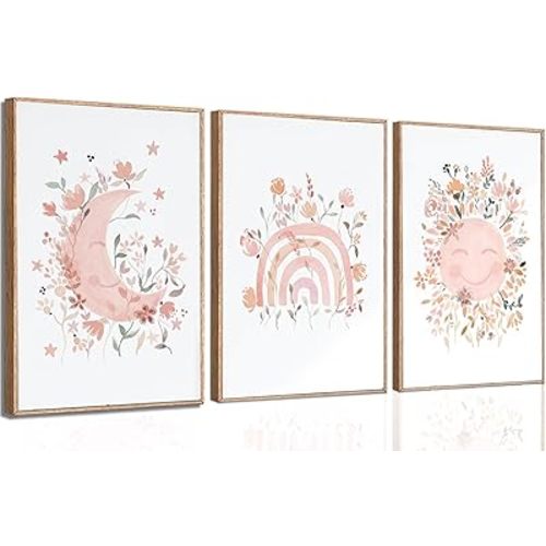 3Pcs Wildflower Nursery Canvas Wall Art Bohemian Sun and Moon Poster Prints Pink Floral Girl's Room Decorative Painting for Nursery Baby Room Living Room Bedroom Home Decoration Unframed