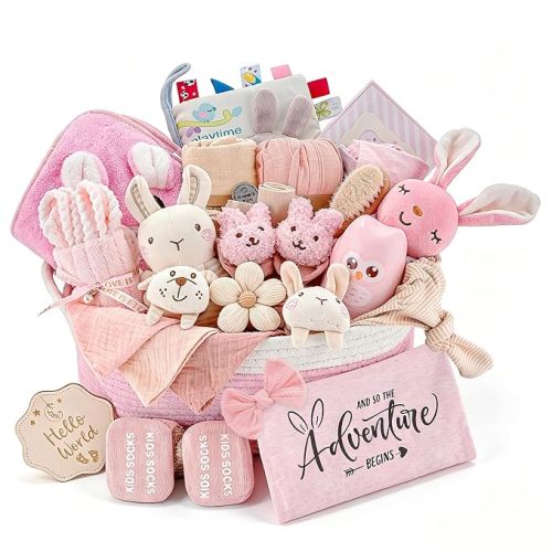 30 Piece Baby Girl Gift Basket, Baby Shower Gifts for Girls, Newborn Essentials Set, Large Baby Girl Gift Set, All-in-One Baby Registry, Swaddle Blanket, Plush, Diaper Caddy Organizer
