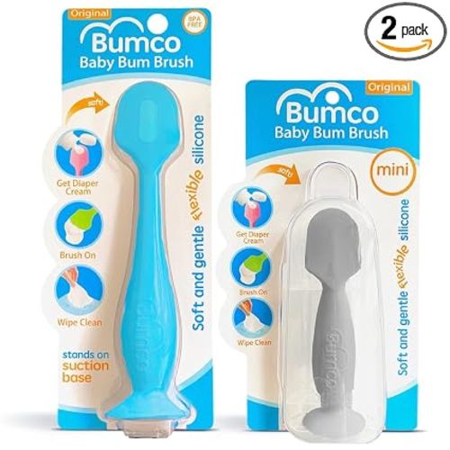 Bumco Baby Bum Brush + Mini Baby Diaper Cream Spatula with Case - BPA-Free Silicone Diaper Spatula with Suction Cup, Wipe-Clean, Mom-Invented Butt Paste Applicator (Blue & Gray)