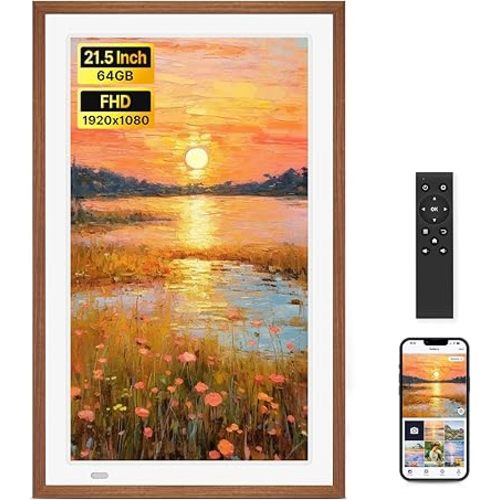 Uhale 21.5" Large Digital Picture Frame WiFi Wood with Remote Control, 1920 x 1080 FHD IPS No Touch Screen Electronic Photo Frames Wall Mount with 64GB, Support SD USB, Share Photos Videos Instantly