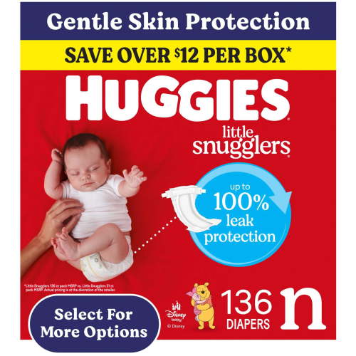 Huggies Little Snugglers Fragrance Free Baby Diapers, Size Newborn (up to 10 lbs), 136 Count (Select for More)