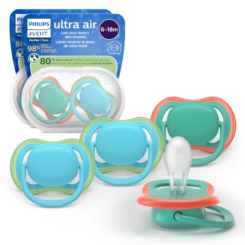 Philips Avent Ultra Air Pacifiers - Orthodontic Design, for Babies 6-18 Months, Soft Silicone Symmetrical Nipple, BPA-Free, 2 Sterilizing Cases, 4 Pack, SCF087/24