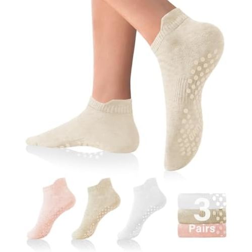DIBAOLONG Pilates Socks with Grips for Women Yoga Socks Non Slip Barre Hospital Socks 6-Pairs Grippy Ankle Socks